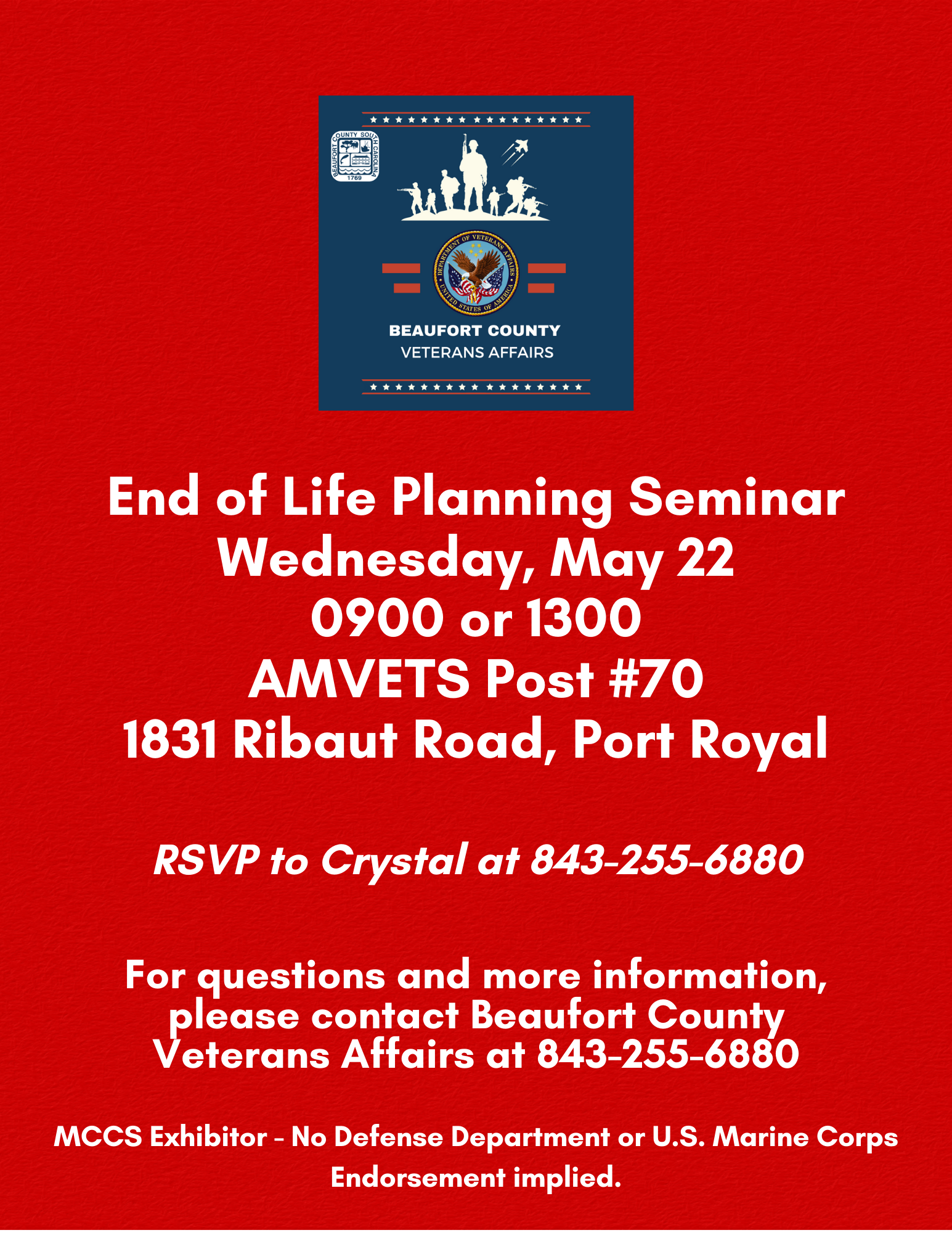 Beaufort County Veterans Affairs to Offer End of Life Planning Seminar for Veterans and Families