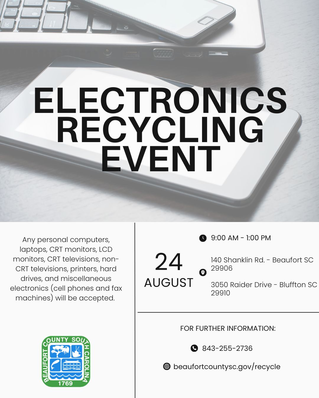 Beaufort County Offers Free Electronics Recycling Event Saturday, August 24