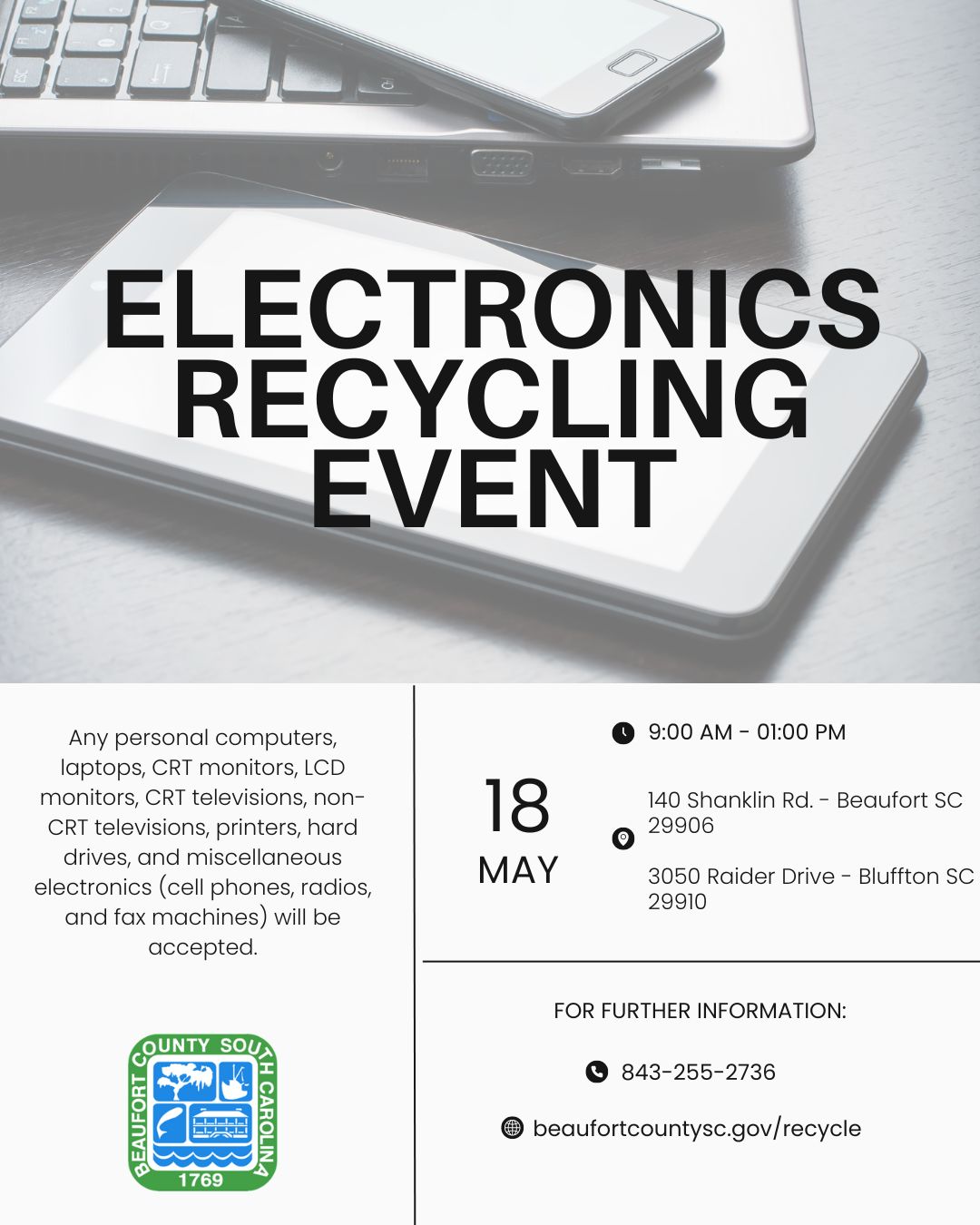 Beaufort County Offers Free Electronics Recycling Event Saturday, May 18