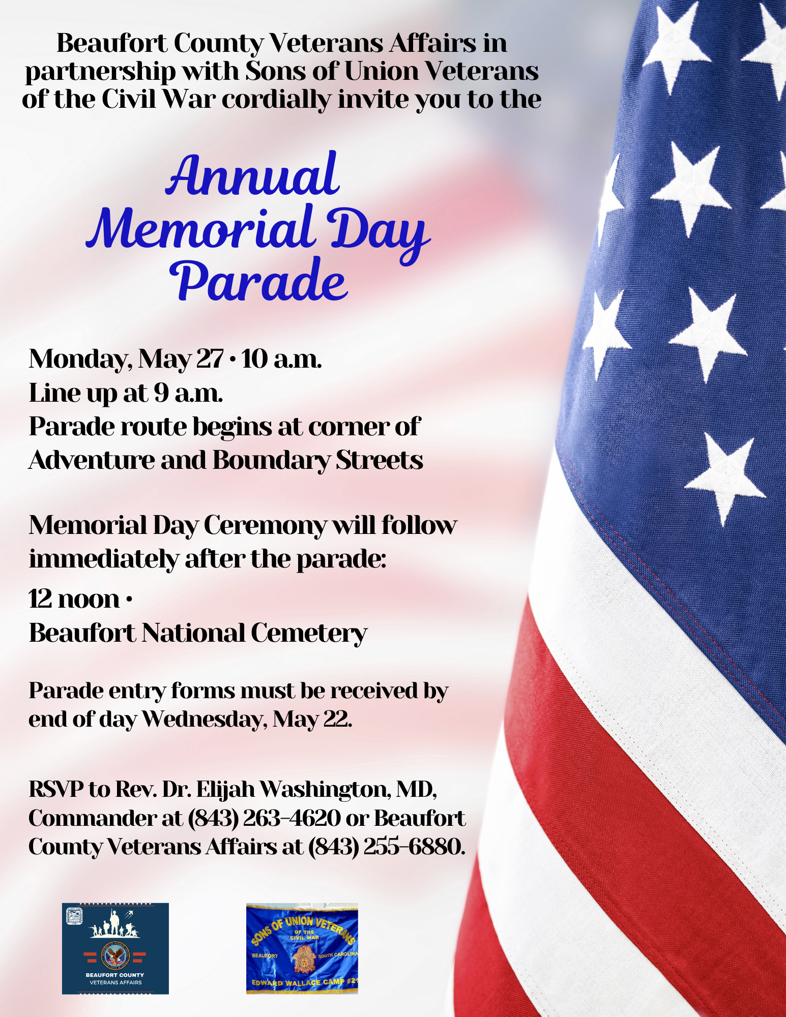 Beaufort County Veterans Affairs and Sons of Union Veterans of the Civil War Hosting Memorial Day Parade