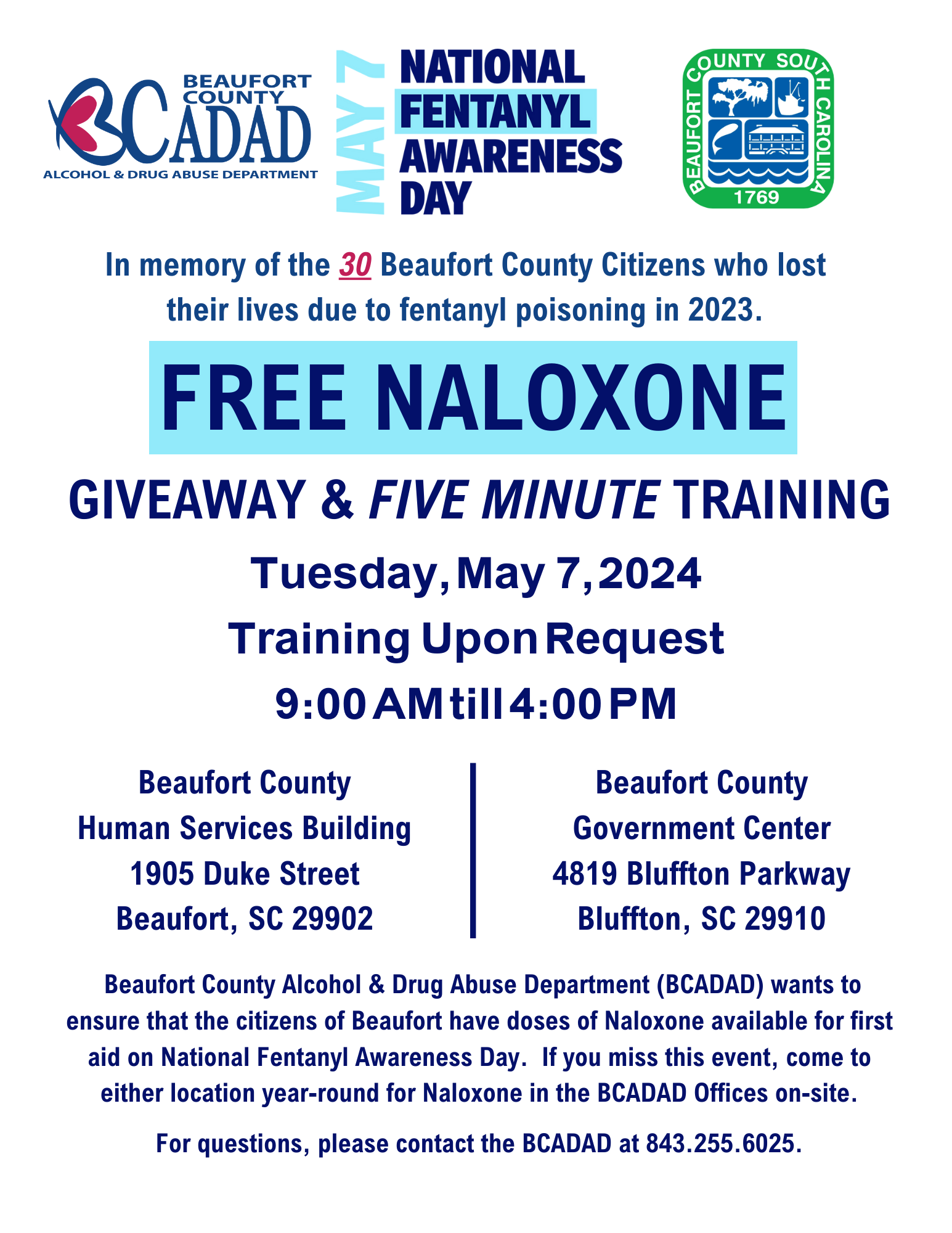 Free Naloxone and Training to be Held at Both Beaufort County Alcohol and Drug Abuse Department Locations:  Bluffton and Beaufort