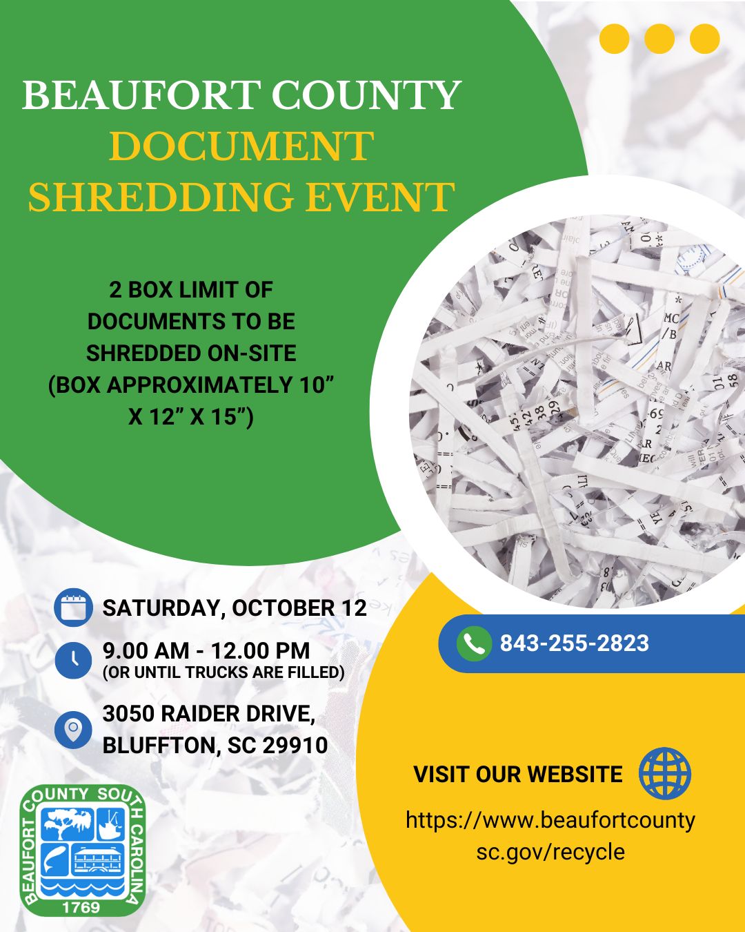 Beaufort County Offers Free Secure Shredding Event in Bluffton  Saturday, October 12