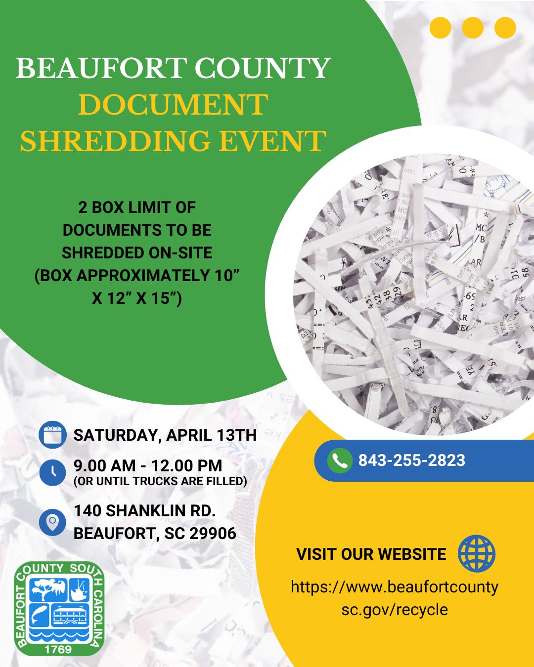 Beaufort County Offers Free  Secure Shredding Event in Beaufort Saturday, April 13