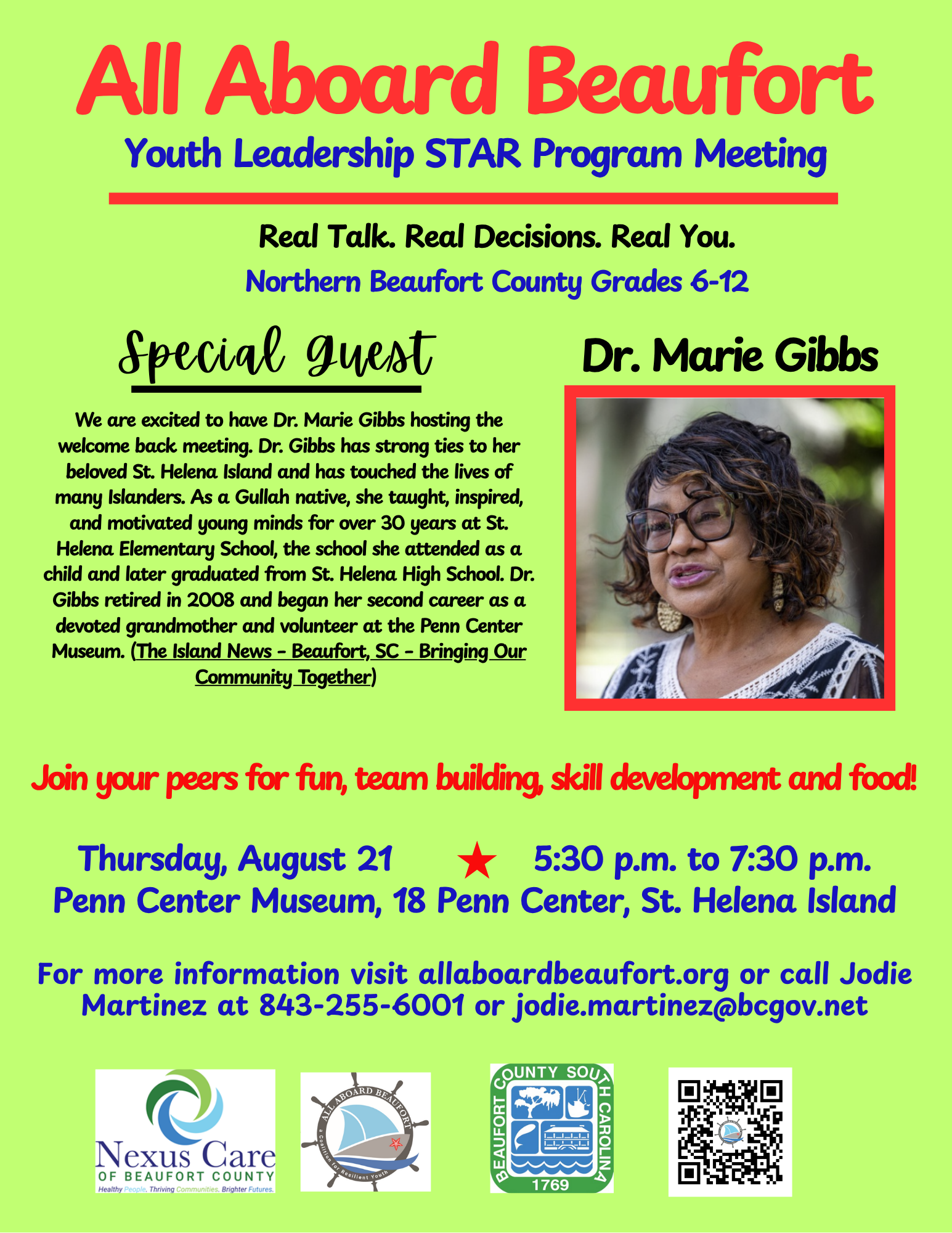 Nexus Care of Beaufort and All Aboard Beaufort Youth Leadership Back to School Kick Off Meeting Special Guest: Dr. Marie Gibbs