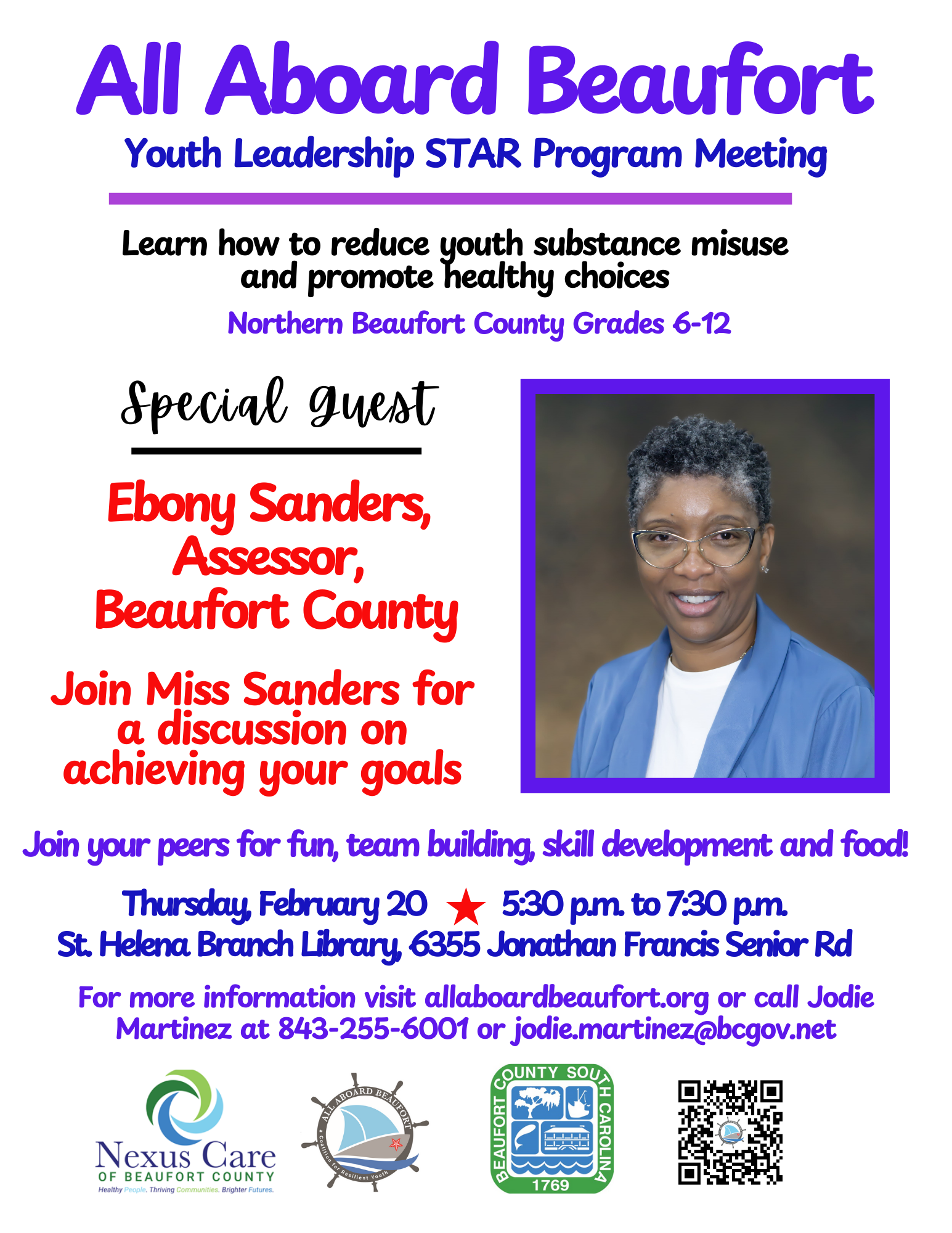 Nexus Care of Beaufort County and All Aboard Beaufort Coalition Hosting February Youth Leadership STAR Program Meeting Special Guest Beaufort County Assessor Ebony Sanders