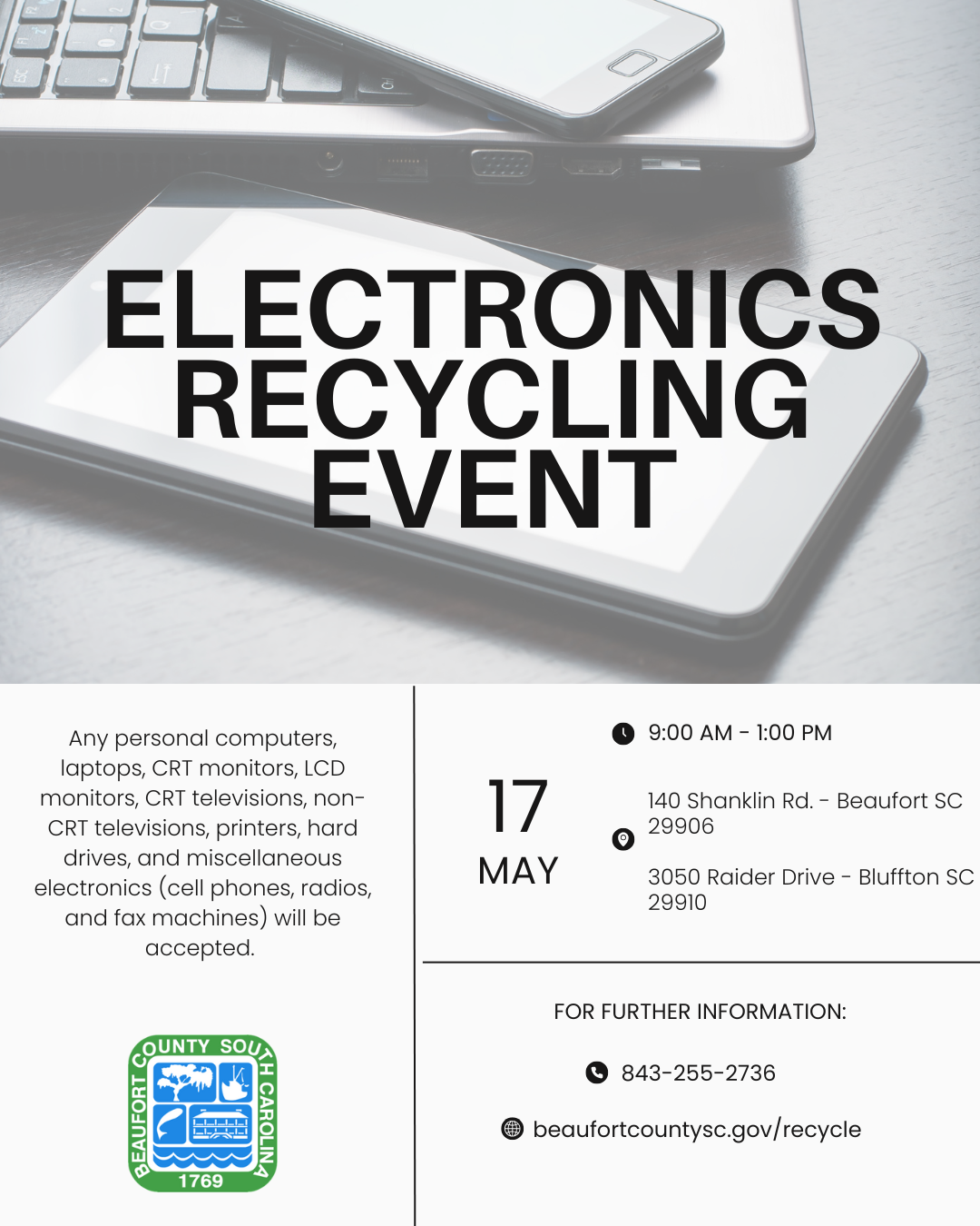 Beaufort County Offers Free Electronics Recycling Event Saturday, May 17