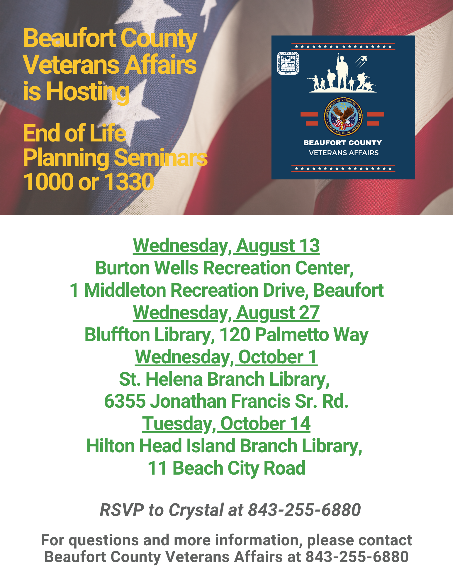 Beaufort County Veterans Affairs to Offer End of Life Planning Seminar for Veterans and Families